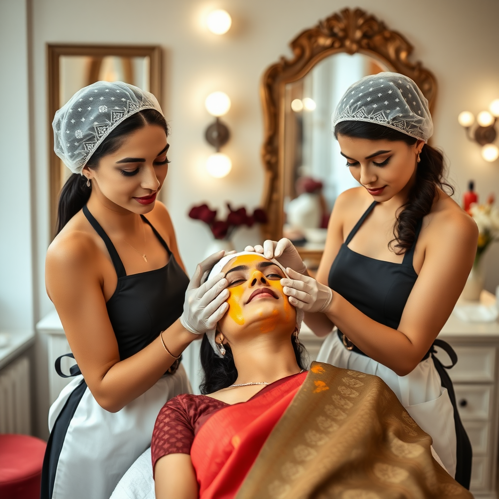 2 slim French maids, wearing a hair net, working in a beauty parlor, giving a turmeric facial to a rich Indian wife