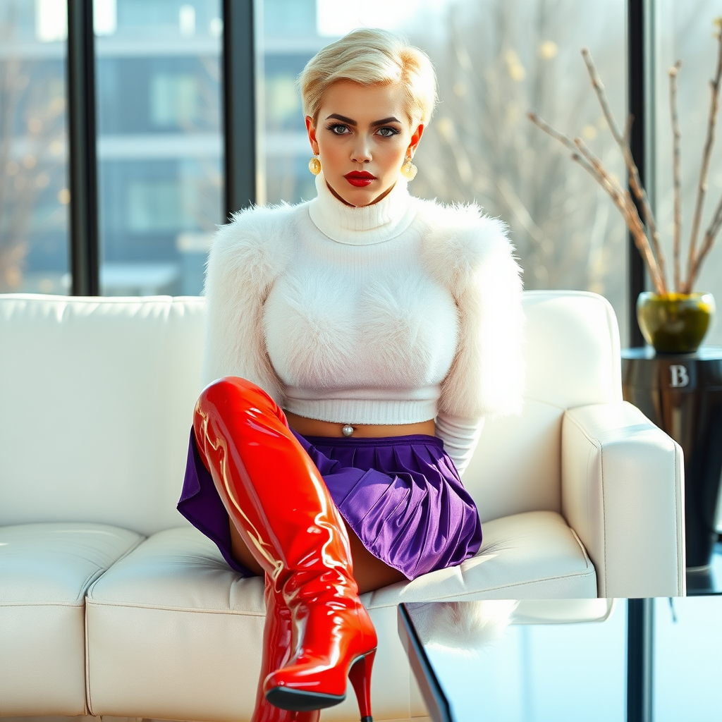 Sunny spring morning, modern glass-steel-concrete CEO office, sitting on white leather sofa: Nina, 17 years old very convincing femboy, tamed servile docile, very beautiful feminine flawless face, rather short, by hormones very curvaceous womanly figured, platinum blond short tight curls, bold red lips, heavily made-up face, wearing Supertanya-style fluffy very fuzzy bright white angora turtleneck-poncho cropped ending under bust, purple vinyl pleated mini-skirt, bright red shiny vinyl thigh-high OTK-boots with golden high heels, white pearl belly piercing, gold earrings, hands tied behind back, pout frustrated, looking at camera. Focus on face turtleneck-poncho skirt.