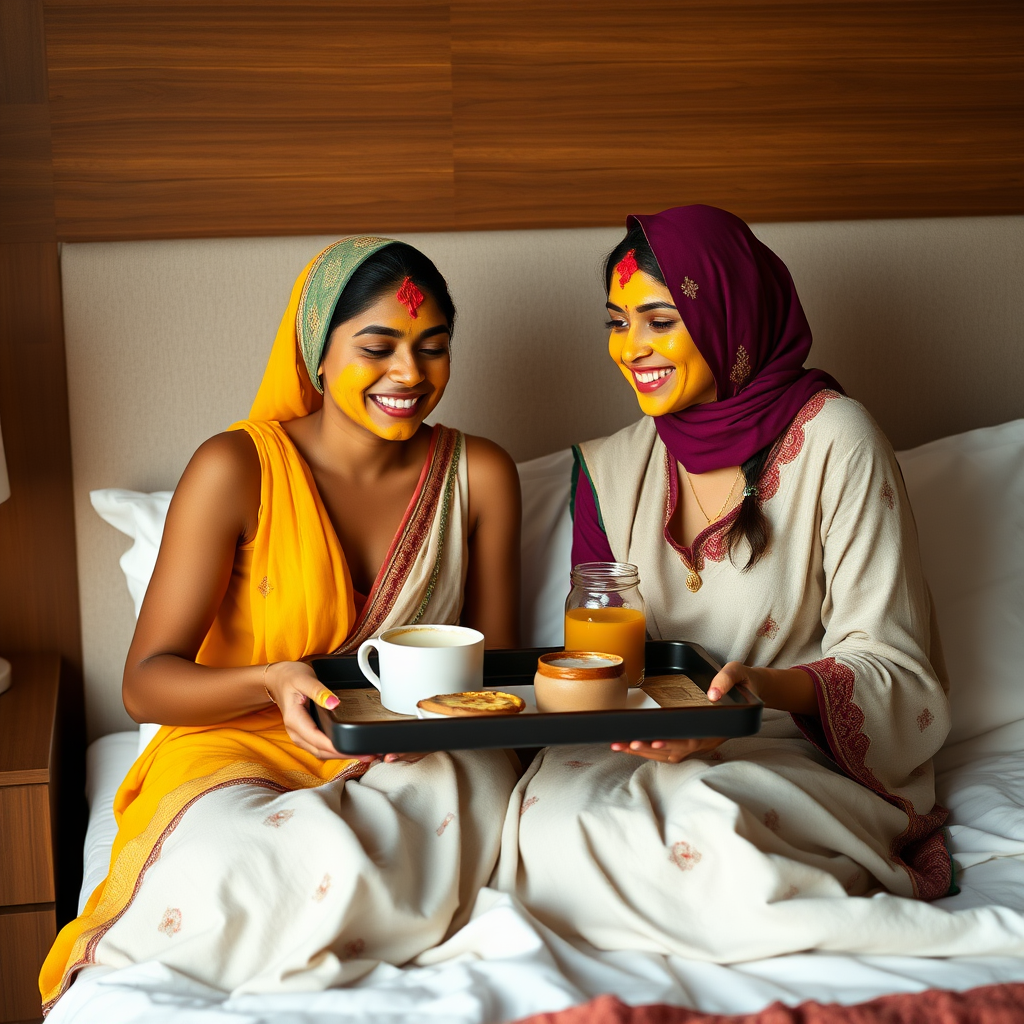 slim, 30 year old, sexy, 2 indian wives, scarf head, turmeric face mask. They are smiling and serving breakfast on a tray on bedside table