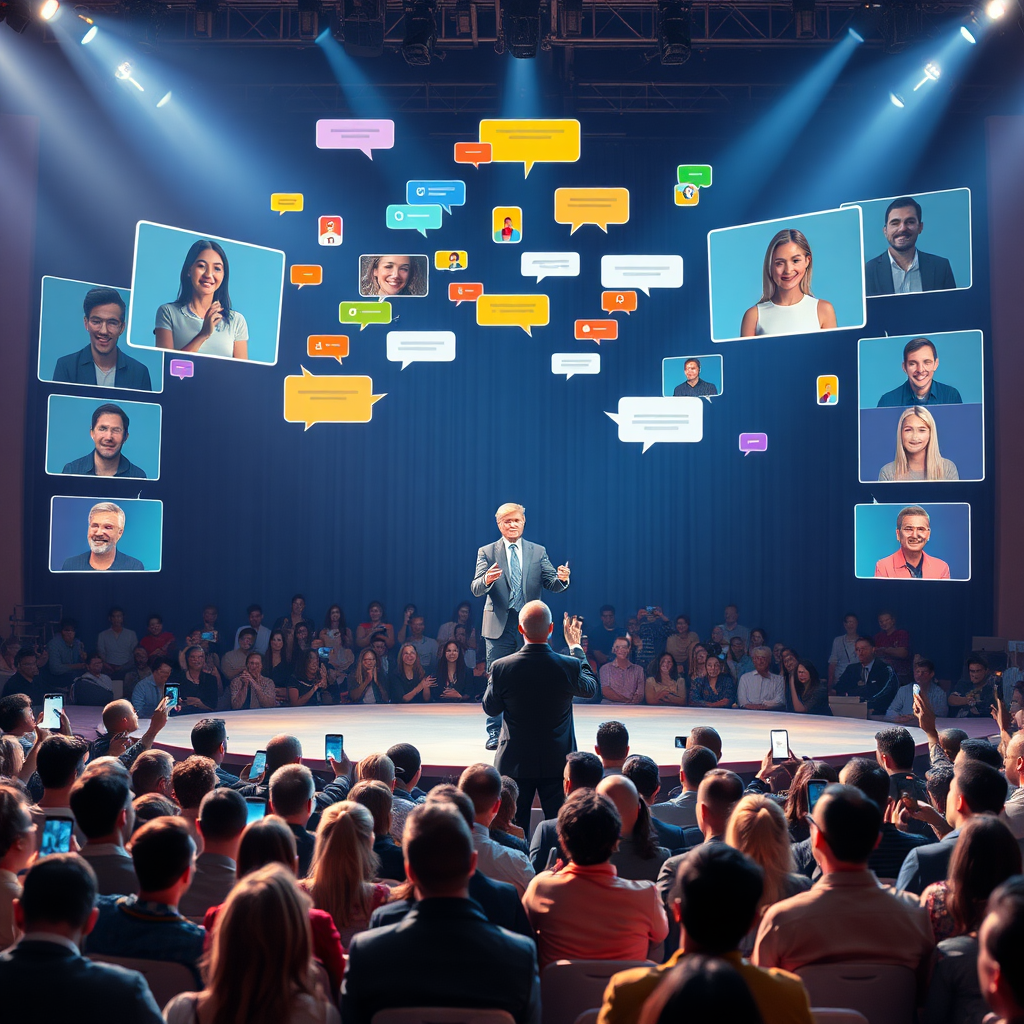 An image of a charismatic host standing on a brightly lit stage, engaging with both a live audience and virtual attendees. In front of the stage, a diverse crowd of in-person attendees sits in an auditorium, some holding up glowing smartphones and tablets. Surrounding the stage, floating holographic screens display faces of virtual participants tuning in from around the world. Colorful speech bubbles and chat icons emanate from both the physical audience and the virtual screens, all directed towards the host, symbolizing live comments and interactions converging towards the center.