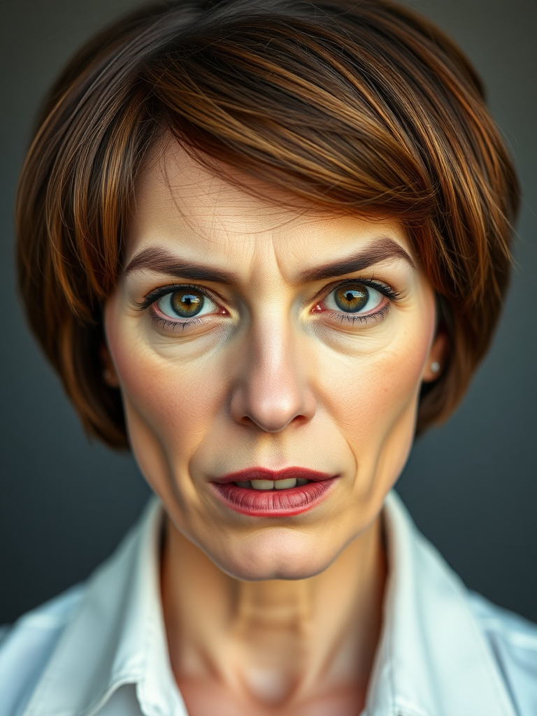 mature secretary, short brown bobcut, swept bang, brown piercing eyes, thick dark eyebrows, big nose, big mouth, big yellowish teeth, moles, skin imperfections, youthful, severe expression