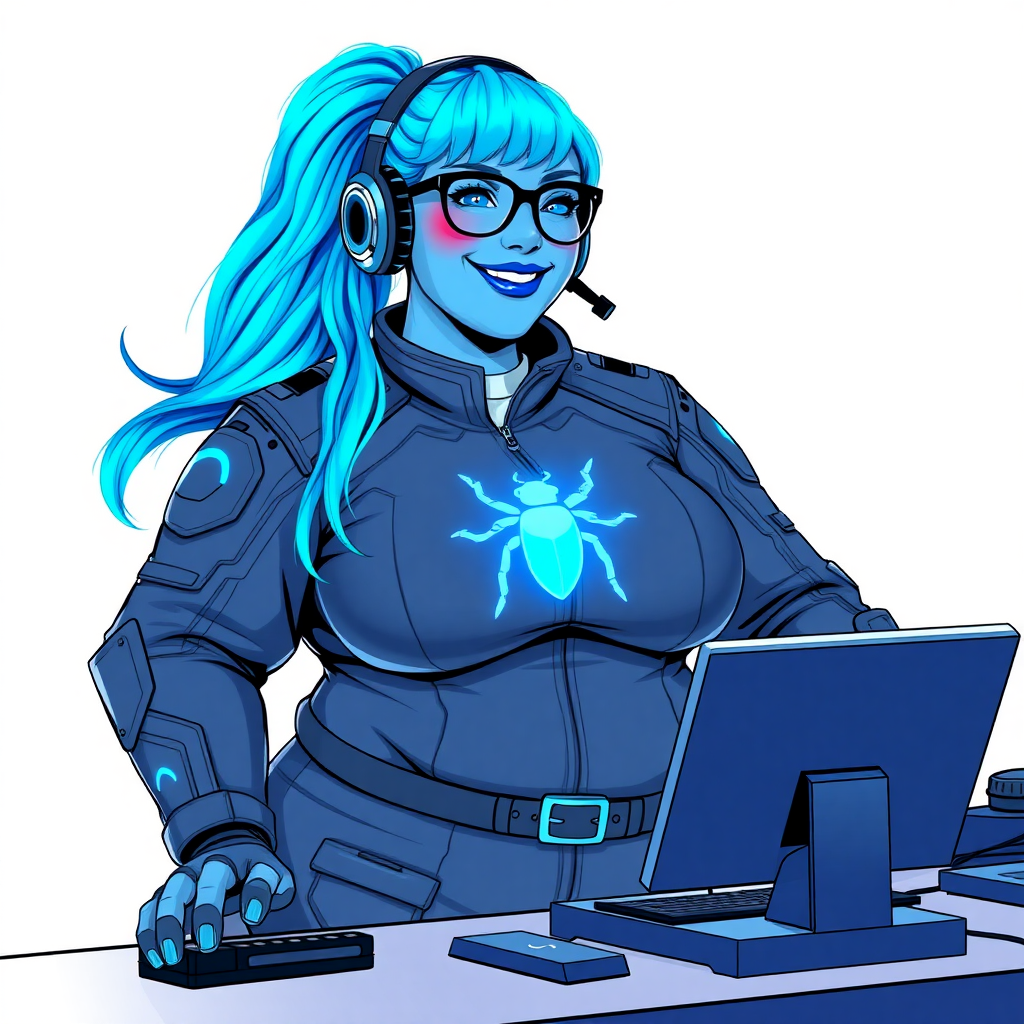 A nerdy, full figured light neon blue glowing skinned 29-year-old computer program hybrid with a long, light neon blue glowing ponytail. She wears maximum blue lipstick and has bright blue eyes. Her outfit includes a digital, computerized, middle gray biker suit featuring a neon blue glowing beetle chest icon. She sports a sapphire headset and black eyeglasses, with a beaming smile and neon red blush. Her full figure reflects the doting care of her vigilante boyfriend. As his tech expert, she works diligently at her lab table in their hideout. The background is solid white. She has a prominent, round, wrecking ball-sized midsection, sequoia tree trunk-sized limbs, and broad shoulders. Her proportions are bloated, expanded, and broadened to emphasize her full figure. Her neon glowing light blue skin highlights her digital nature. She is drawn as if she was in a retro 2D cyberpunk fighting game.