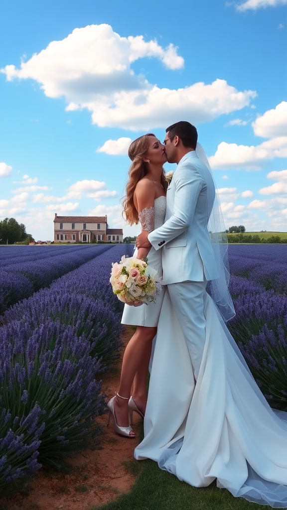 Bride and groom dressed elegantly, she in high heels and he in patent leather shoes, he kisses the bride, in the background a large lavender field, a farmhouse in the background, blue sky with white clouds.