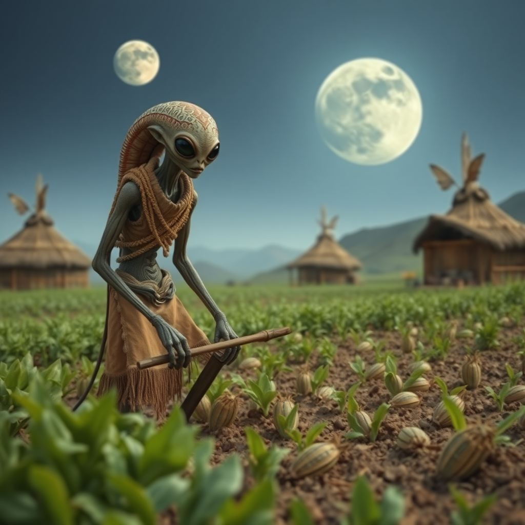 A humanoid arthropod alien in tribal clothing tilling a field of alien crops, alien huts in the background, ((two moons)) visible in sky