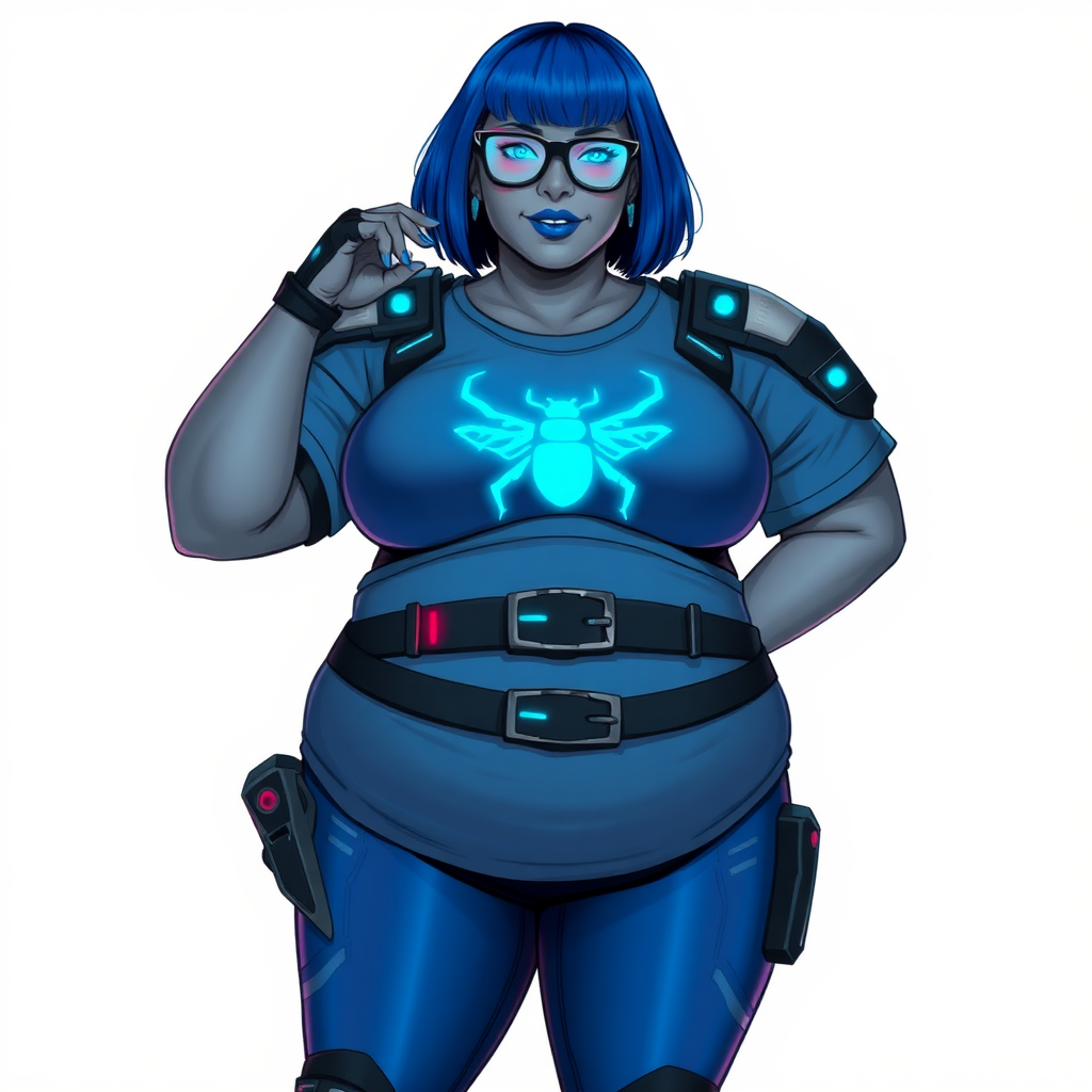 A 28-year-old, full-figured, middle gray skinned computer program hybrid with a maximum blue bob cut. She has a non-athletic build, highlighted by a prominent, round, large midsection (with emphasis on her large belly), which shows the aftermath of her pampering. As the heavily pampered digital sidekick to her cyberpunk vigilante boyfriend, her middle gray metallic skin and maximum blue lipstick emphasize her digital nature. She wears a digital, computerized costume inspired by DC’s Carrie Kelly Robin, consisting of a huge, tight-fitting, maximum blue t-shirt with a neon blue glowing chest icon of a beetle, hi-tech shoulder pads with neon blue accents, a black hi-tech belt with a digital neon blue glowing buckle, digital maximum blue pants with neon blue accents, and black hi-tech fingerless biker gloves with neon blue glowing accents. Her neon blue glowing eyes, black eyeglasses with a neon blue glowing HUD built into the lenses, and shy smile with neon red blush accentuate her nerdiness. She stands bashfully with one hand behind her back and the other hand gently touching her cheek, her costume covering all her skin and emphasizing her full-figured physique (especially her belly). She is clearly non-athletic, with a focus on her full-figured physique. Despite her build, she radiates beauty. She has a slim face compared to her physique, accentuating her radiant beauty. She is on a solid white background. She is drawn as if she were in a retro 2D cyberpunk fighting game.