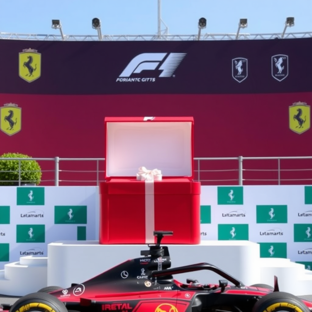 Opened gift box on the podium with an F1 car in front of the podium.