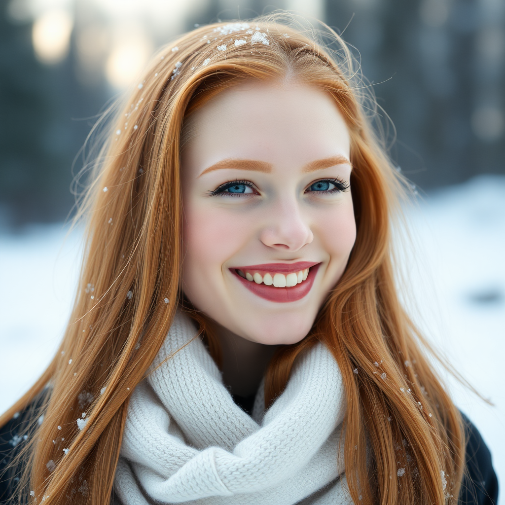 beautiful young elegant woman with ginger long hair, full lips, pale skin, on Alaska smiles in the snow