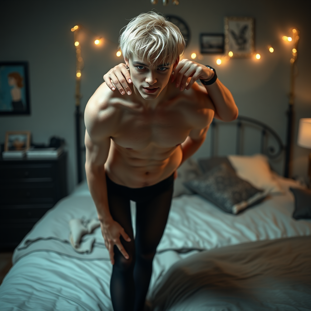 photorealistic, ultra high resolution, 16K, surreal fantasy, studio lighting, a pretty 16 year old goth male, slim male physique, short blonde hair, goth makeup, earrings, pantyhose, white ballet shoes, playing with dark haired his 16 year old boyfriend in the bedroom - he is bending forward, while the boyfriend stands up behind him and rests his hands on the boys shoulders, excited smile, facing the camera.