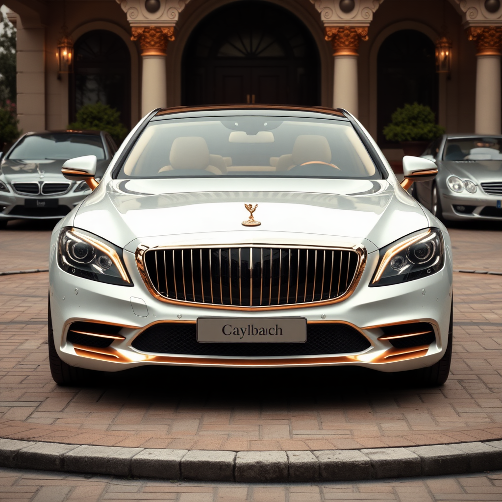 futuristic maybach sedan, gold details, ornament, luxury, sultans, royal, parked house