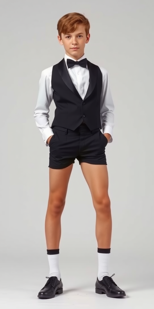 a tall 13yo teen boy, wearing black bow tie, white shirt, black formal suit with matching very tight booty shorts, tube socks, shoes, long legs, narrow thighs. full-length view. light gray background. 1980s. photorealistic, ultra high resolution, 16K, Negative: grainy, blurry, bad anatomy, extra limbs, watermark.