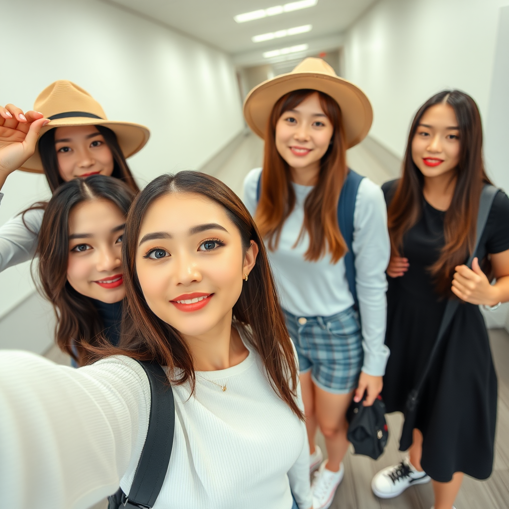 four asian girls with gorgeous face, wearing shoes, white skin, tall, straight hair, selfie, sport, big eye ,hat, short, elegant