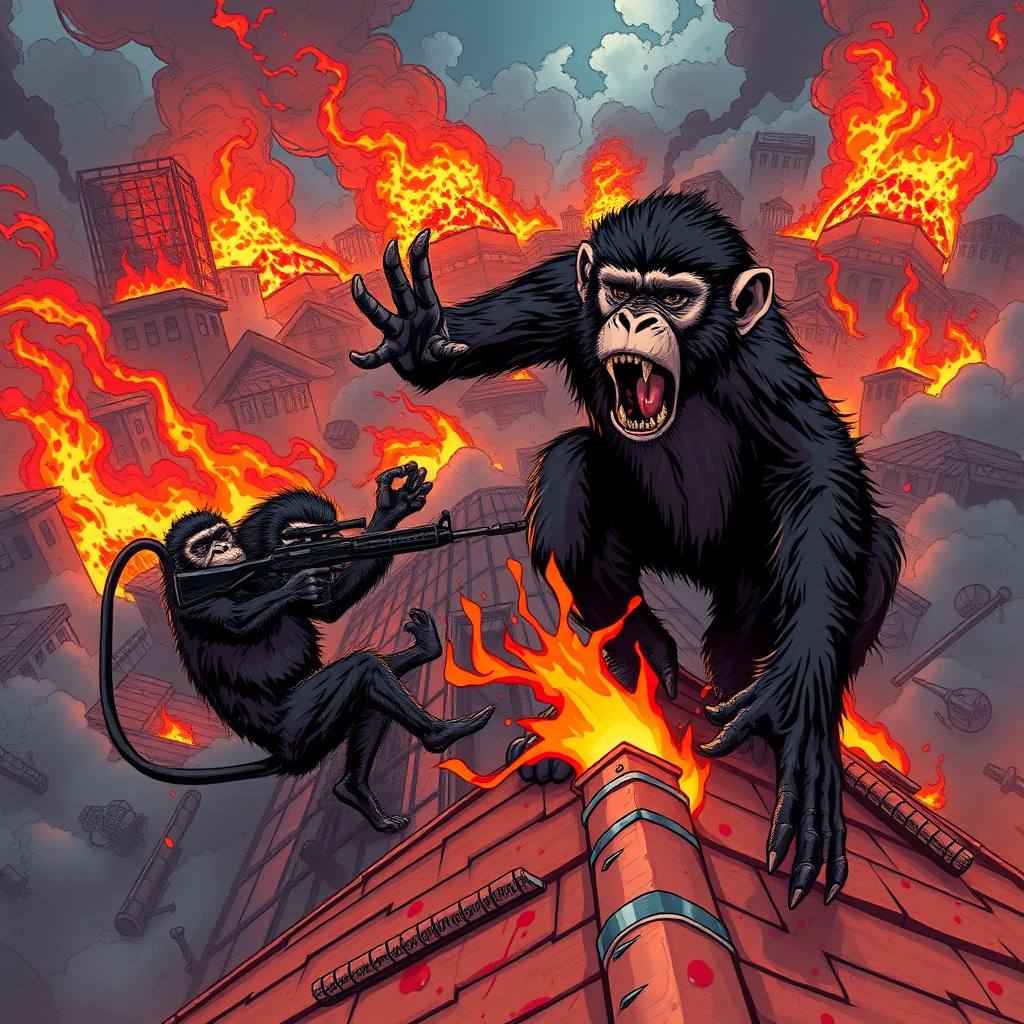 ANIME STYLED., GENERATE MONKEY DOOMSDAY, CITIES ON FIRE, HUMAN DEAD CORPSES ABLAZE, THOUSANDS OF Big to small VISCOUS INSANE MONKEYS EVERYWHERE!! VIEWS OF THEY ARE CRAWLING ON ROOFS, POOPING, DESTROYING, EATING, THROWING DYNAMITES, ON THE GROUND, SHOOTING GUNS, EXPLOSIONS, ANIMALS BLOODY