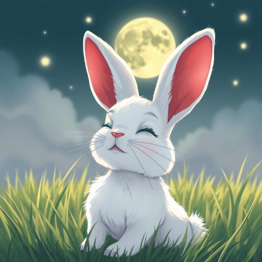 On the grass, a white rabbit with a pair of red eyes was enchanted by the magical song. It closed its eyes, as if it could see the scene on the moon.