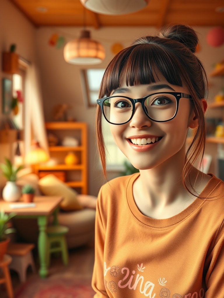 A realistic 4K scene of a cheerful home where a beautiful woman named Vianca lives. She has bangs and glasses, exuding an adventurous spirit. The cozy interior of the house is filled with warm colors and playful decorations, reflecting her vibrant personality. Vianca is depicted with an excited expression, ready for her next adventure.