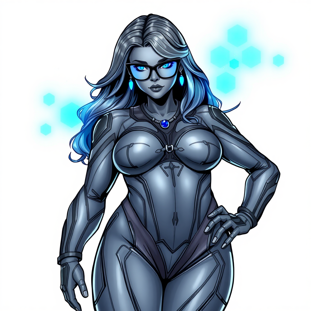 A 29-year-old computer science major, she is the devoted girlfriend of a vigilante and serves as his dotingly pampered, full-figured, nerdy, Middle Gray (N5) metallic skinned digital sidekick. She is now a Computer Program hybrid, with a unique, metallic Middle Gray (N5) skin color that blends with her suit and hair, appearing to merge together as computer data. Her long hair, suit, and skin are Middle Gray (N5) all blending together to appear to merge as computer data. Her neon blue eyes are mesmerizing. Her full figure, especially her prominent round midsection, shows just how heavily fed and pampered she is, with sequoia-sized limbs and broad shoulders.

As a loyal and supportive sidekick, she plays a crucial role in their missions, using her digital prowess to assist and protect. She wears a blue sapphire scarab necklace and blue sapphire earrings, which she received as symbols of their love before his 5-year disappearance. Her digital and computerized bodysuit, also Middle Gray (N5), blends with her skin and hair (appearing to merge together like computer data). She is equipped with high-tech features, including holographic displays and integrated hacking tools. She has matching high-tech gloves. She emits neon blue data cubes from her body, set against a solid white background.

Heavily, attentively, and immensely pampered through being well-fed since their reunion, her full figure clearly shows the extent of care she has received. Despite her digital enhancements, she retains her human vulnerabilities, including hunger and sleep, and is not immune to human weaknesses. She has the ability to hack into computers and machines, and her nerdiness is blatantly obvious with her black oversized eyeglasses. Her full figure, especially her gargantuan midsection, is prominently displayed and heavily emphasized. Her outfit, influenced by DC’s Jennifer Knight Phantom Lady, remains distinct.

Despite her boyfriend’s limited resources, she assists in the war on crime by serving as a minicomputer, traveling in a high-tech wristwatch and supercar’s computer system. Using her hacking abilities, she relays crucial knowledge related to missions. She is drawn as if she was in a retro 2D cyberpunk fighting game.