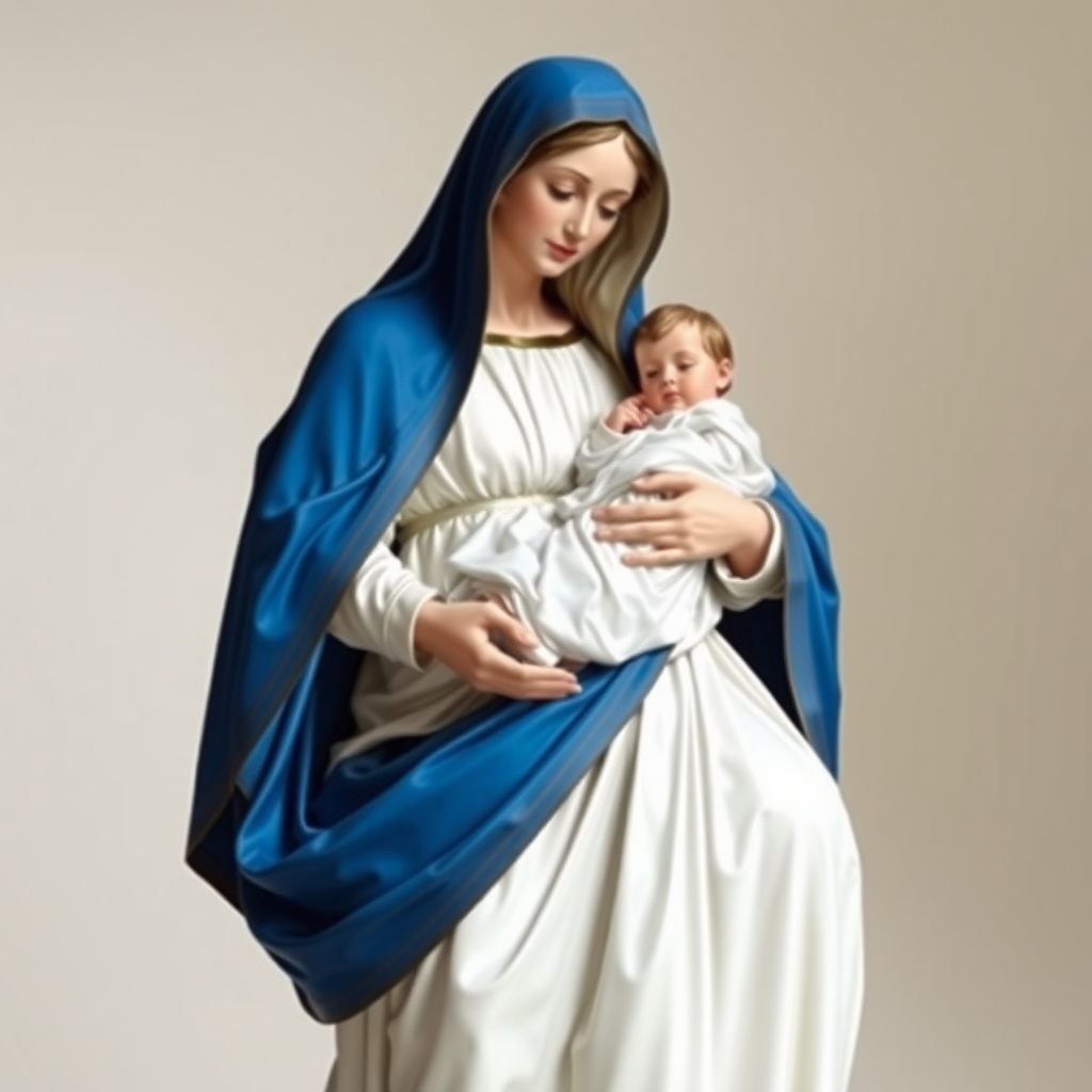 Beautiful Madonna dressed in blue and white in a long gown holding the baby Jesus in her arms.