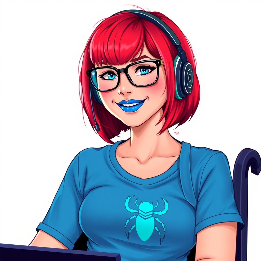 A hot, nerdy, 28-year-old computer hacker in a wheelchair, with a unique, fiery crimson bob cut, maximum blue lipstick, and piercing blue eyes. She wears a maximum blue t-shirt adorned with a maximum turquoise beetle chest icon. Her accessories include a sapphire headset, sleek black eyeglasses, a lovestruck smile, and neon red blush. She serves as her vigilante boyfriend’s tech expert from his secret hideout, diligently working at her computer. The background is a solid white. She is drawn as if she was in a retro 2D cyberpunk fighting game. Ensure her hair color is distinct from DC’s superheroine Oracle and any other character.