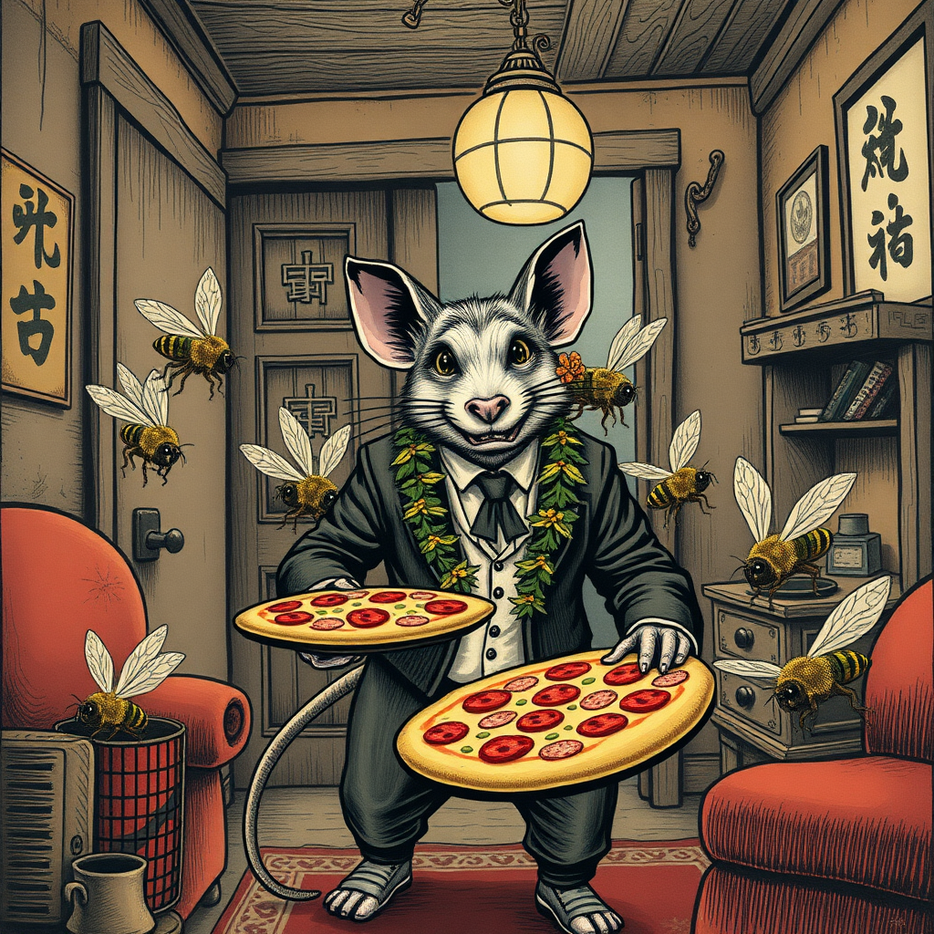 A well dressed handsome rat demon delivering Hawaiian pizza to angry bees in a decayed apartment, Chinese woodcut, Mormon