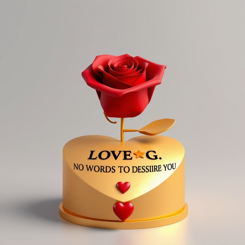 A 3D rendered anime-style medium shot of a red rose delicately resting atop a heart-shaped golden pedestal. The elegant name "LOVE ❤️ G. NO WORDS TO DESCRIBE YOU " is displayed on the pedestal in bold, black gold letters. A small contrasting red heart is placed along the pedestal. The smooth gray gradient background highlights the golden and red colors. The design exudes sophistication and luxury.