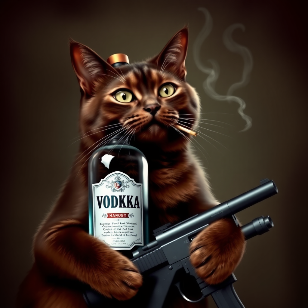 A dark brown cat with a bottle of vodka, a gun, and a cigarette in its mouth.