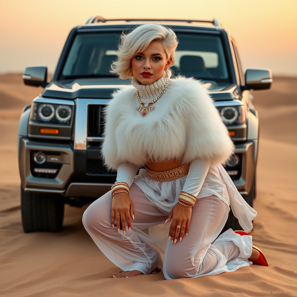 Kuwait desert dunes misty dawn, full size luxury SUV: Melissa, European 17 years old very convincing femboy “trophy-bimbo”, tamed servile docile, very beautiful feminine flawless face, rather short, by hormones very curvaceous womanly figured, platinum blond short tight curls, bold red lips, long white French nails, heavily made-up face, wearing Supertanya-style fluffy very fuzzy bright white angora turtleneck-poncho cropped ending under bust decorated with pearls and glass stones, striking oriental wide gold bridal protection belt, white fully transparent harem pants, bright red pumps with golden very high heels, full Oriental bridal jewelry including headpiece, nose-ring, coin wristlets, coin anklets, striking diamond “Bimbo” letter brooch on left chest, thick heavy pearl wristlets, pearl anklets, pout frustrated, kneeling in sand in front of SUV, looking at camera. Focus on face and turtleneck-poncho.