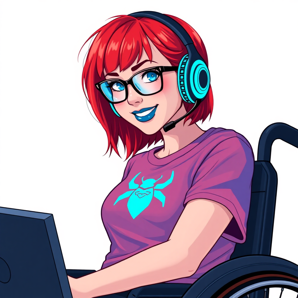 A nerdy, 28-year-old computer hacker in a wheelchair, with a unique, fiery crimson bob cut, maximum blue lipstick, and piercing blue eyes. She wears a maximum blue t-shirt adorned with a maximum turquoise chest icon of a beetle. Her accessories include a sapphire headset, sleek black eyeglasses, a lovestruck smile, and neon red blush. She serves as her vigilante boyfriend’s tech expert from his secret hideout, diligently working at her computer. The background is a solid white. She is drawn as if she was in a retro 2D cyberpunk fighting game. Ensure her hair color is distinct from DC’s superheroine Oracle and any other character.