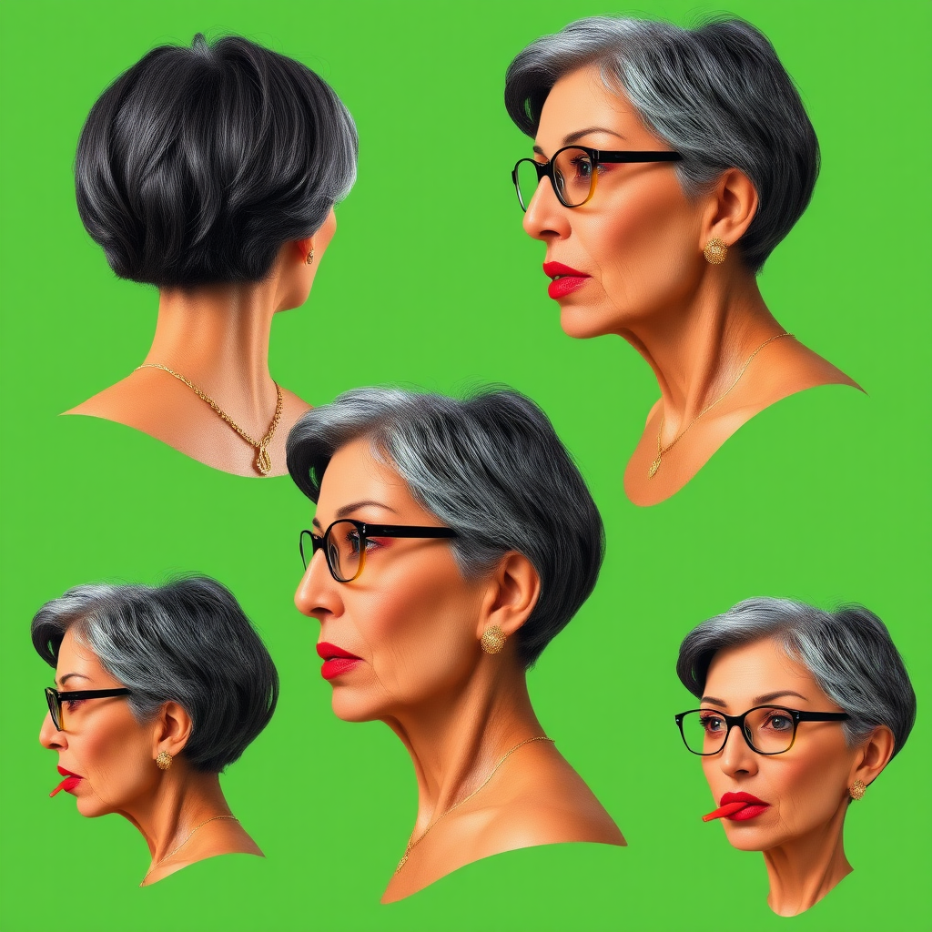 Photorealistic image of six headshots of a 50 years old, fit, European, Latina, sharp aquiline nose, wrinkles, high cheekbones, Middle Eastern, skinny, tanned skin, dark light skin, full makeup, jewelry, sharp nose, exaggerated expression, licking her lips, mouth open, dark grey ash hair, short bowl haircut, brown eye color, glasses, with detailed features. Each photo displays the same face in back, profile and front view, cut out and isolated on a green background. All six heads are visible side by side, empty space around each view, no overlapping.