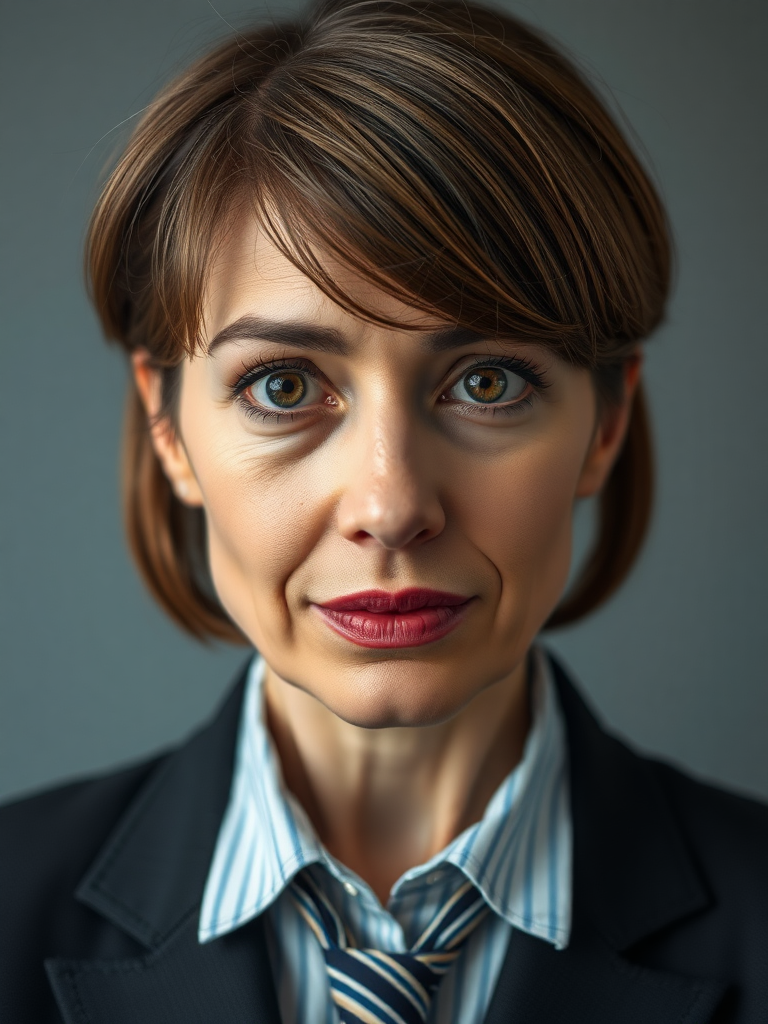 mature secretary, short brown bobcut, swept bang, brown piercing eyes, thick dark eyebrows, big nose, big mouth, big yellowish teeth, moles, skin imperfections, youthful, severe expression