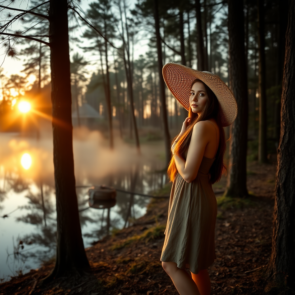 a young woman posing next to a lake in a forrest. long brunette hair. she is wearing a dress, sneakers and a wide straw hat. looking to the side. the sinking sun is falling through the trees. a little fog is rising from the lake. light like in fairy tale, a bit mystic. photo