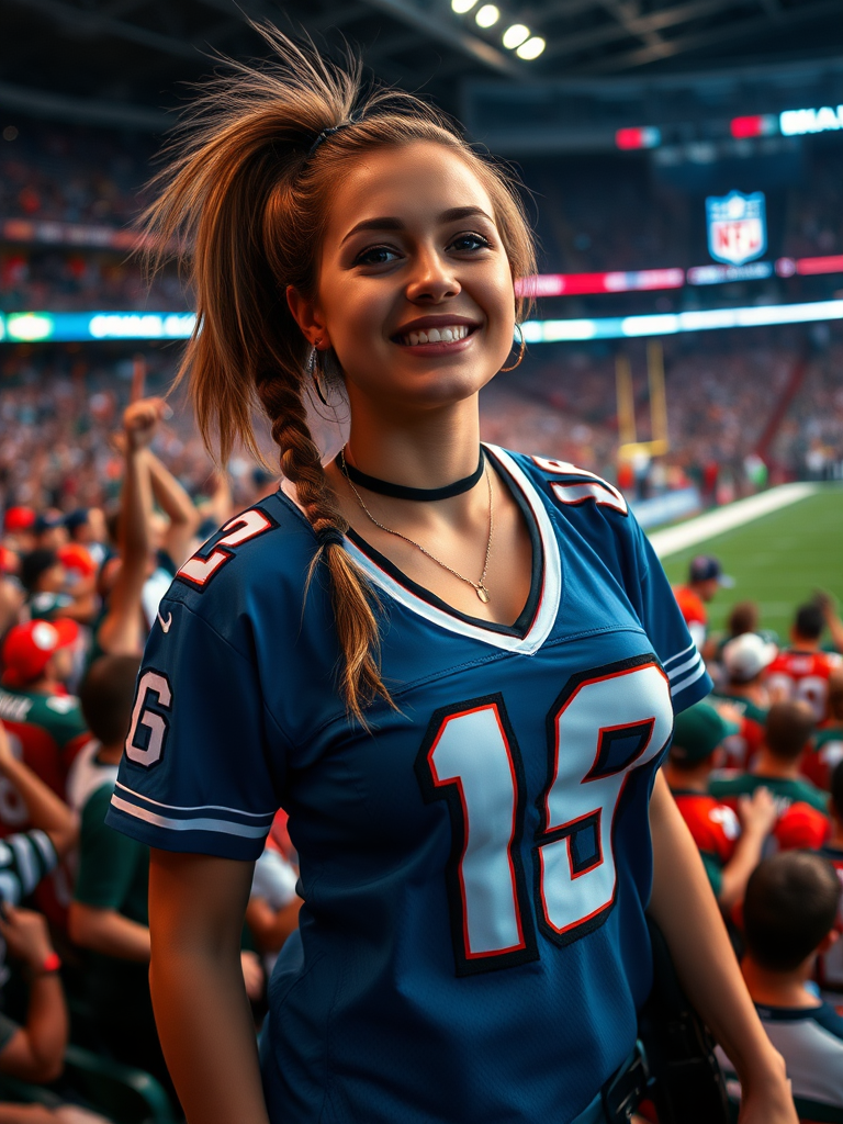 Hot female NFL fan, cheering for her team, pigtail hair, wearing jersey, huge chest, inside crowded stadium