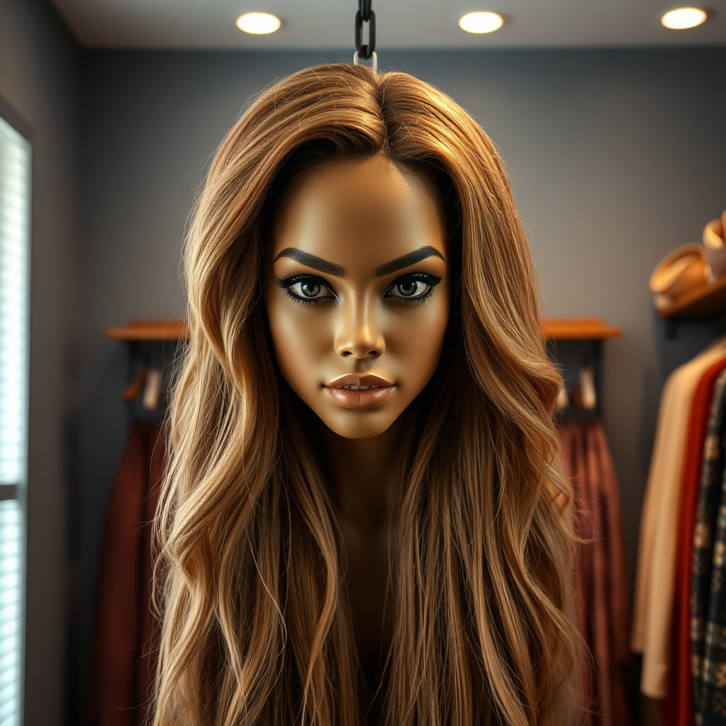 In a well lit, eccentric long hair fetish store, a strikingly unique and surreal display draws attention: the real live, flesh-and-blood disembodied head of a stunning woman reminiscent of Beyoncé, her long, flowing hair cascading like a silky waterfall around her neck. The luxurious strands shimmer with intricate highlights, ranging from deep ebony to sun-kissed gold, accentuating her perfectly sculpted features. Her captivating, dark eyes glisten with an enigmatic allure, expressing an uncanny mix of grace and mischief. 

The background is a plain, muted gray, contrasting sharply with the vibrant beauty of the head and her extravagant hair, allowing viewers to fully focus on the astonishing sight. 

The shop’s interior is designed to celebrate the beauty and allure of very long hair.