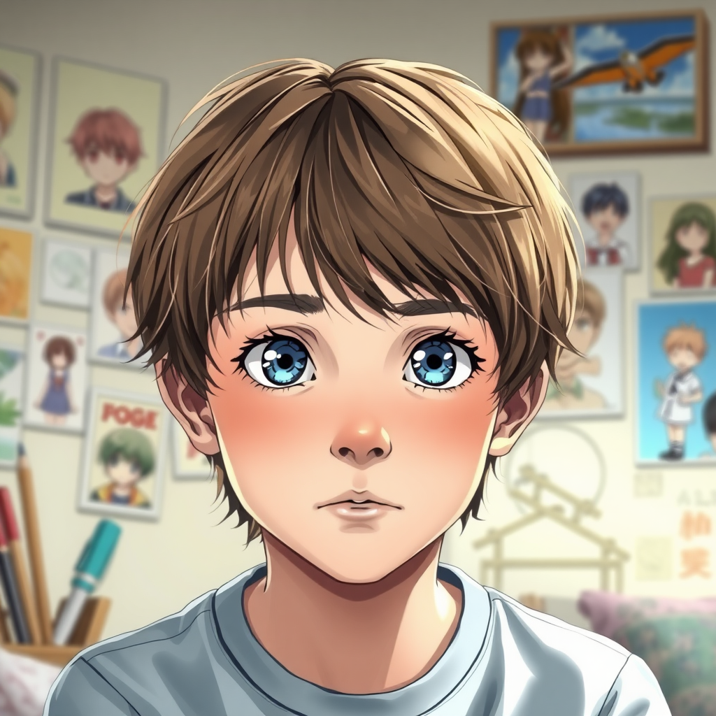 photorealistic, ultra high resolution, 16K, A 12 year old boy. He has blue eyes, brown short hair and he has a concentrated look. He has drawing in his room. He has Anime pictures on his wall.