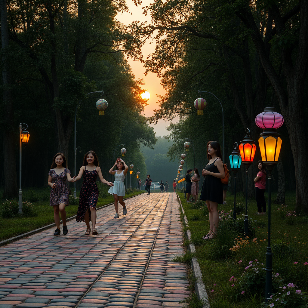 High summer. It's a hot late summer evening. The sun has already set. Three young, beautiful Asian women are playing jump rope. Two other modern Asian women are playing badminton. Two more young Asian women are chatting by the roadside. A roughly 500-meter long, uneven, and 2-meter wide bike and pedestrian path runs along the edge of the forest, paved with strikingly colorful and variously sized cobblestones. For 50 meters, large trees grow along the path, forming a canopy. In general, there are already dark areas at the end of the path in the wooded area. Regularly, on the left and right of the path, around every three meters, are approximately 1-meter high lanterns of different colors from the 1950s, effectively and colorfully illuminating the path. Small colorful herbs and wildflowers bloom on both sides of the path. A part of the sky is visible. Like in a fantasy image, a few veil clouds can be seen, still glowing in pastel colors from the now-set sun. The image is bathed in a warm yellow light. The threatening atmosphere is mystical, eerie, and surreal. A haze has formed in the background. The weeds have been growing for two months. Note: The Asian women are a very important aspect of the image generation. They are meant to relieve the viewer's fear. With the many Asian women, the viewer does not feel alone and is at ease. The Asian women appear friendly and look at the viewer warmly. They are generated to be real and human, with loving facial features that are clearly recognizable. The image suggests that the path is full of Asian women.