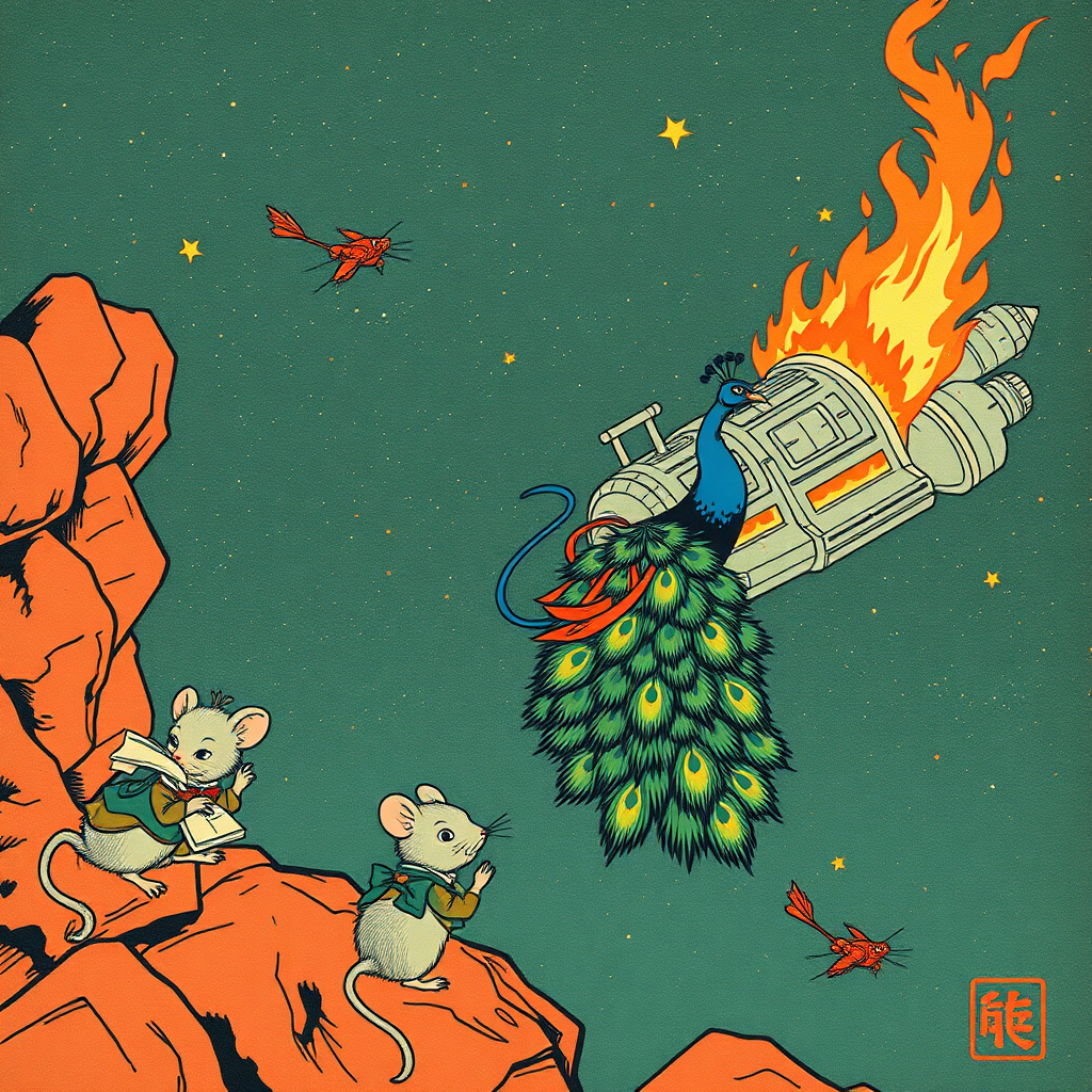 A peacock saving well-dressed rats from a burning spaceship, Chinese woodcut,