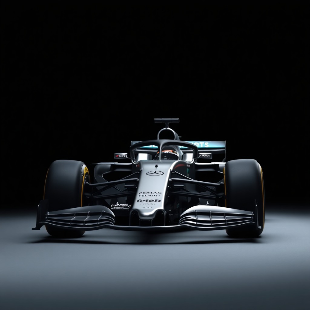 F1 car Mercedes with an aesthetic dark background.