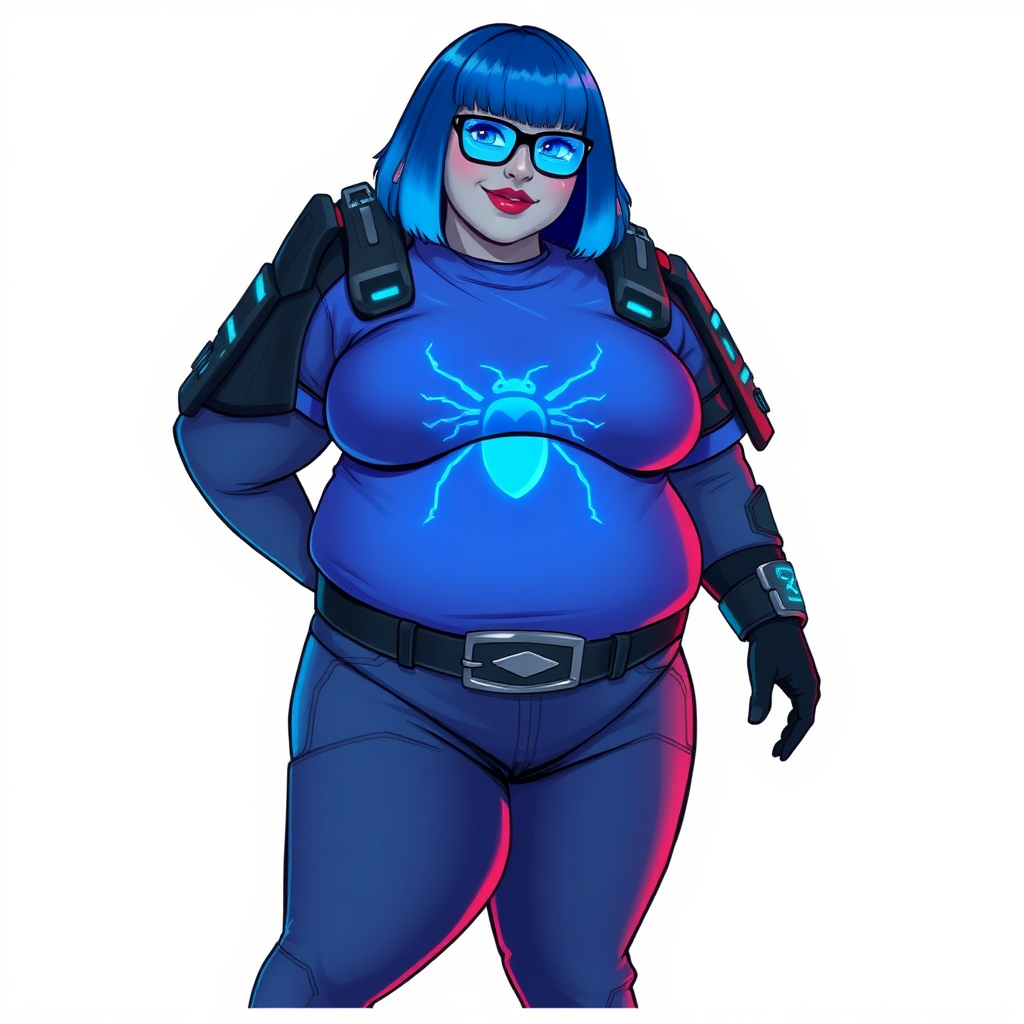 A 28-year-old, full-figured, Middle Gray skinned, computer program hybrid with a maximum blue bob cut. She has a non-athletic, full-figured build, highlighted by a prominent, round, large midsection (with heavy emphasis on her large belly). As the full-figured, nerdy, digital sidekick to her cyberpunk vigilante boyfriend, her metallic middle gray skin and maximum blue lipstick emphasize her digital nature. She wears a digital, computerized costume, consisting of a huge, tight-fitting, maximum blue t-shirt with a neon blue glowing chest icon of a beetle, hi-tech shoulder pads with neon blue glowing accents, a black hi-tech belt with a digital neon blue glowing buckle, digital maximum blue pants with neon blue accents, and black hi-tech gloves with neon blue glowing accents. Her bright blue eyes, black eyeglasses with neon blue glowing lenses with a built-in HUD, and shy smile with neon red blush accentuate her nerdiness. She stands bashfully with one hand behind her back and the other hand gently touching her cheek, her costume covering all her skin and emphasizing her full-figured physique (especially her belly). She is clearly non-athletic, with a heavy focus on her large belly. Despite her build, she radiates beauty. She has a slim face compared to her physique, accentuating her radiant beauty. She is on a solid white background. She is drawn as if she were in a retro 2D cyberpunk fighting game.