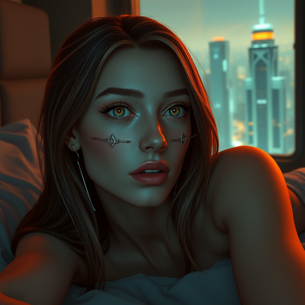 20 year old woman, pale skin, big softly glowing eyes, brown hair blond highlights underneath, cybernetic implants, symmetrical metal lines on face, laying on a bed, window view of a futuristic high rise cityscape, dim neon lighting, 2.5D style