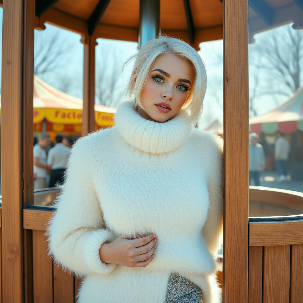 Amusement park wooden “kissing booth”, sunny spring Sunday morning. Sam, 19 years old, beautiful involuntary femboy, rebellious intractable character, petite boyish figure, platinum blond boyish rebel punk hairstyle, flawless heavily made-up face with sharp arched tattooed eyebrows, wearing Supertanya-style fluffy very fuzzy bright white angora thigh-length turtleneck-poncho fully covering body and arms, silver-glitter leggings, black leather high-heeled pumps, silver earrings, both hands tied to pole behind back, standing inside kissing booth, waiting for next customer to kiss. Focus on Sam’s face and turtleneck-poncho.