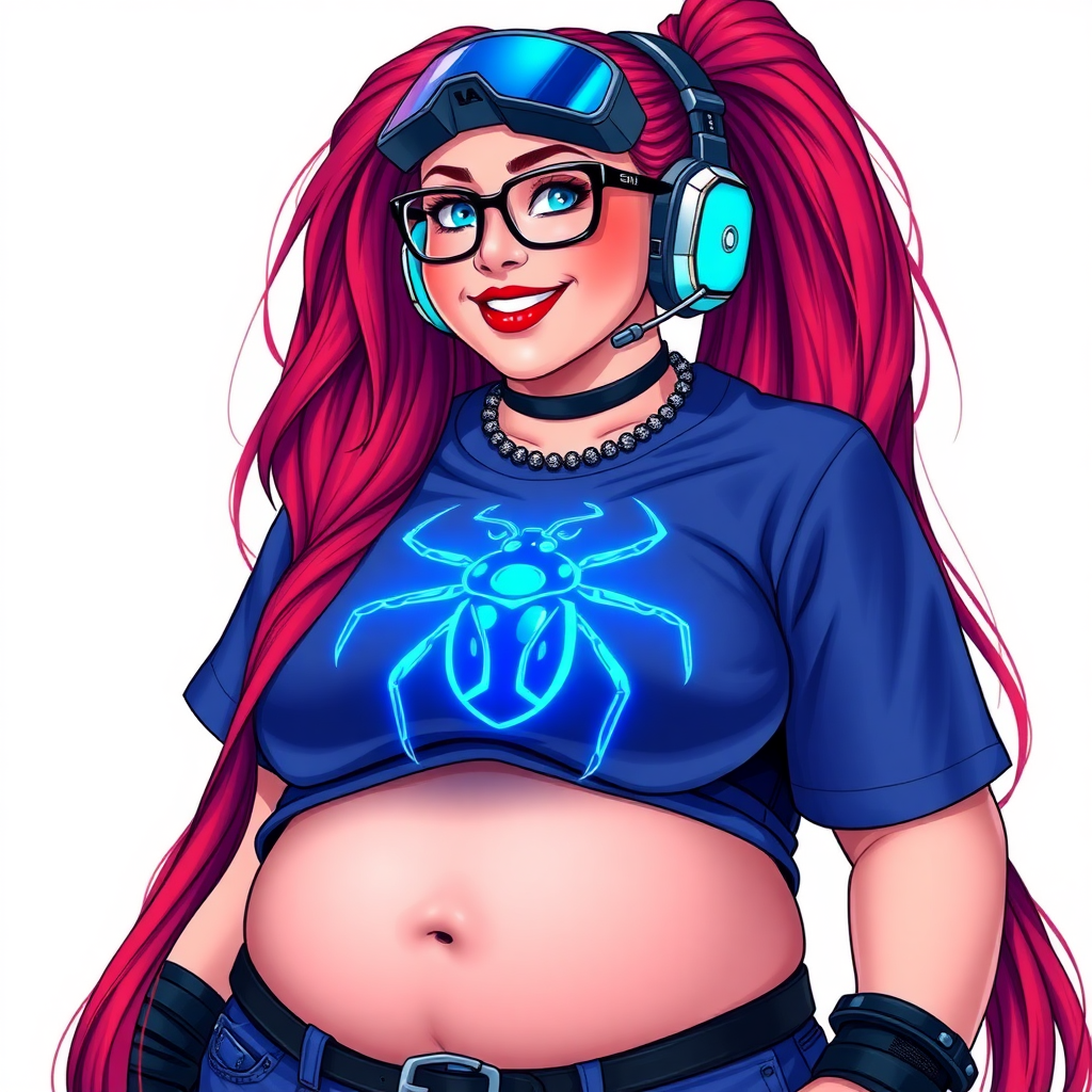 A cyberpunk vigilante’s full-figured intelligent and tech-savvy 29-year-old girlfriend, who is a computer hacker and tech genius. She has a long ruby red ponytail and bright blue eyes. She wears a sapphire beetle gemstone necklace, and an oversized Maximum Blue (RGB 71, 171, 204) t-shirt featuring a giant neon blue glowing icon of a beetle on its chest. She has a full-figured physique with a prominent, gargantuan, round midsection, reflecting her well-cared-for lifestyle. The midsection is heavily emphasized. She sports a sapphire headset with hi-tech Maximum Blue (RGB 71, 171, 204) lensed HUD visor, Maximum Blue (RGB 71, 171, 204) lipstick, black eyeglasses, and a beaming smile with a passionate bright red blush. Despite her figure and a lack of self-esteem, she radiates an air of beauty. She has an angular face which contributes to her radiant beauty. She serves as his tech expert from his hideout, holding a holographic tablet and a hi-tech tool wrench. The background is solid white. She is drawn as if she was in a retro 2D cyberpunk fighting game. Make sure her shirt covers her round midsection.