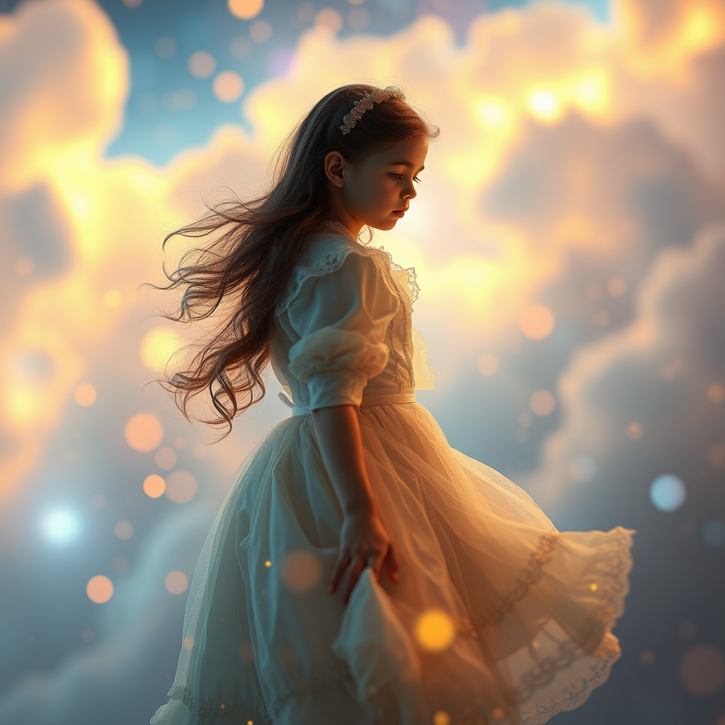 mandelbulb clouds, Low Key Lighting, dreamscape, nebula, Bokeh, abstract, brilliant colors, glittering, translucent, iridescent, glowing, artistic photo, panoramic, airy, original, experimental, fractal, generative art, calm, cinematic shot, opal, gold, preteen girl in Victorian dress floating