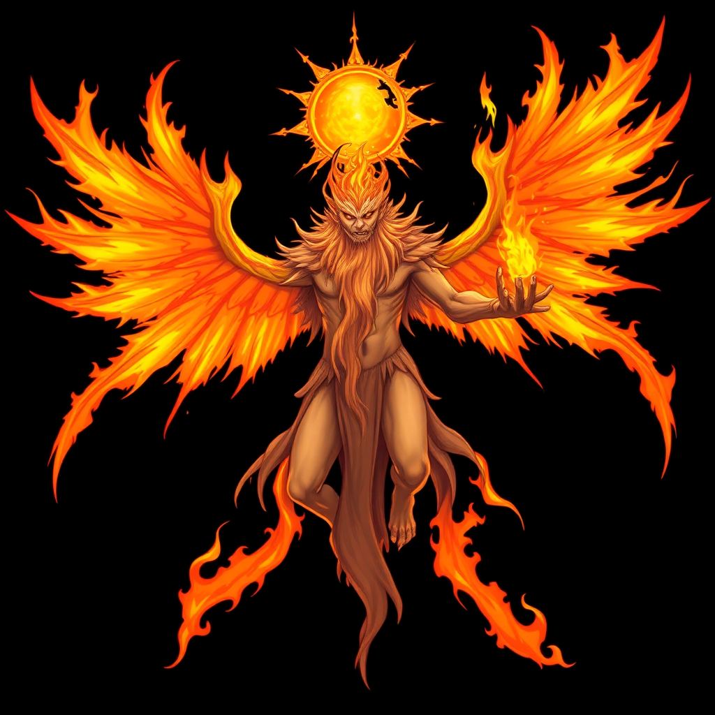 (High quality Anime styled art) Black background of a A Truly Supreme divine yet malevolent entity, embodying both pure holiness and corruption, floats ominously in mid-air. Eight blazing, fiery wings radiate intense solar energy, while a shattered unique halo resembling the sun hovers above its head, naked and body is made of pure-solar-burning flames, the being's long beard sways as its wrathful, ember-like eyes burn with fury. In one hand, it grasps a searing solar flame, glowing in vivid shades of yellow and orange, exuding a powerful and foreboding energy.