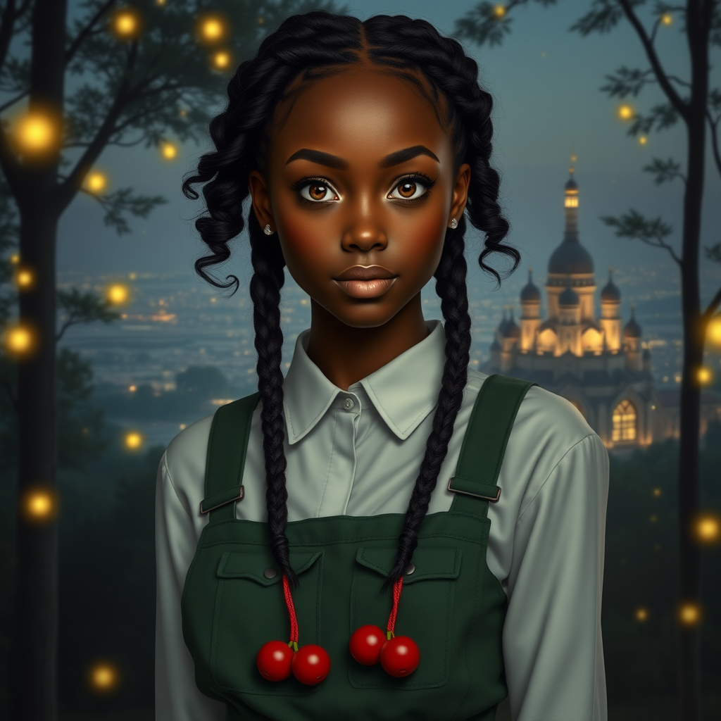 Create a realistic and detailed style image of a 25-year-old woman with ebony skin. Her eyes are light brown in color. Her hair is slightly wavy and tied in two braids. She has delicate features and her face is strong and cute at the same time. She wears a green jumpsuit and a white blouse underneath. Her skin appears to have a slight wooden appearance. She's in the middle of a dark forest, lit by fireflies that glow softly. In the background, a city with fantastic architecture, giving a magical touch to the scene. The image must be realistic style, capturing every detail with precision and 8k quality. It looks like a photograph. Extremely realistic. 25 years old. At the end of her braids, there are two cherry-shaped elastics. Beautiful. Beautiful. Extremely realistic. Beautiful appearance.