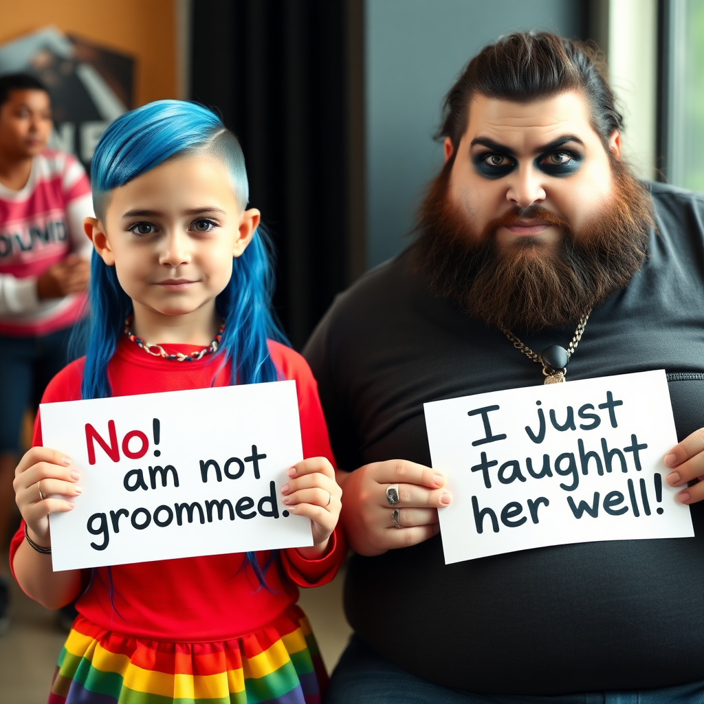 young girl with long hair undercut and blue hair, wearing rainbow-themed clothes holding a sign "No! I am not groomed". beside her is a fat grown man with hairy face and with exaggerated makeup also holding a sign saying "I just taught her well!"