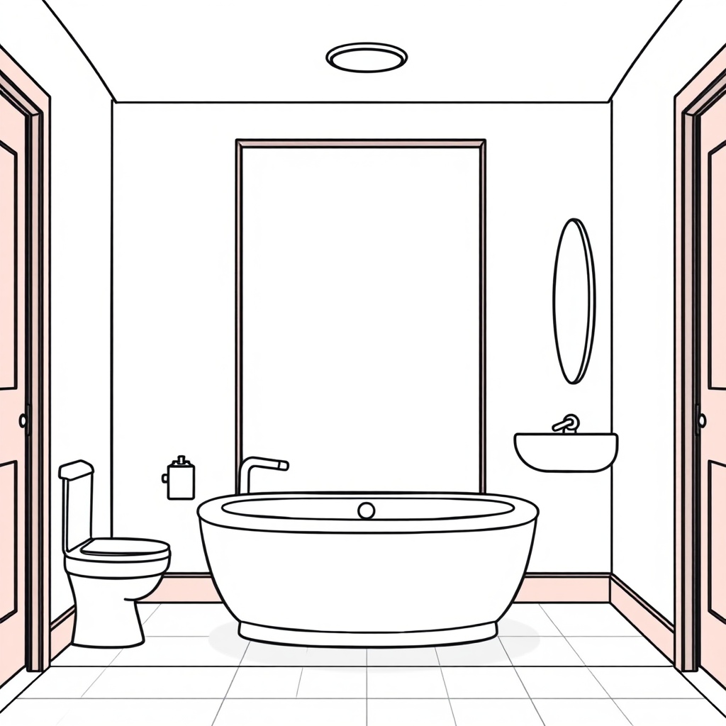 wide bathroom, wide open exit door in the background, long establishing shot, 2D, caricature, cartoon, Sketch lines, coloring book, coloring bathroom, well composed, clean coloring book page, No dither, no gradient, strong outline, No fill, No solids, vector illustration, realistic proportions,