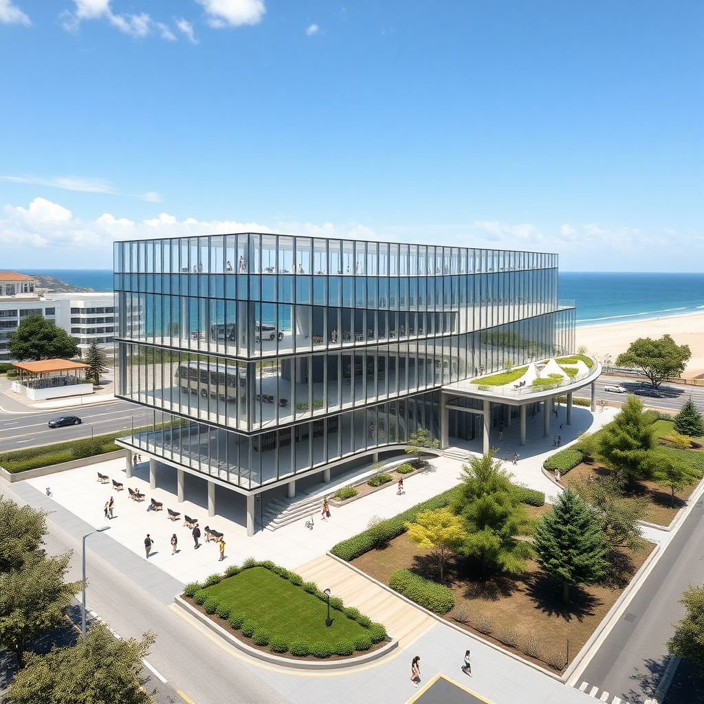 Overall Structure and Site Layout
As you approach the site, situated adjacent to a scenic beach on the west, the elongated rectangular plot (approximately 100 meters by 43 meters) gradually reveals itself. The building sits gracefully elevated on pilotis (stilts), with much of the ground floor open for bus circulation. This open design not only allows for efficient traffic flow but also provides a visual connection between the surrounding landscape and the built environment, in tune with Toyo Ito's concept of blurring the lines between architecture and nature. The site is divided into distinct zones based on functionality, with buses circulating in the northeast portion.

Ground Floor (Transit and Public Circulation)
The ground floor predominantly serves as a transit hub. The north-east section is designed specifically for buses, with dedicated bus lanes and parking. A seamless bus circulation area allows entry from the east side of the site and exit from the north, ensuring smooth, unobstructed movement of buses without disrupting pedestrian or service zones.

The bus parking bays are marked out on the northeast corner, where buses wait in a neatly organized row. These bays are roofed but open on all sides to allow natural ventilation and light. The bus lanes curve smoothly along the site's northern and eastern borders, creating a logical flow of movement while keeping much of the ground floor open.

At the center of the ground floor, transit-related functions are housed in a transparent structure with minimal barriers. This includes a lobby and waiting area, ticket counters, an administrative office, and lounges. Large floor-to-ceiling glass panels create a light, open atmosphere, reinforcing the fluidity of space. Public seating is spread out, facing the bus bays, allowing passengers to keep an eye on arriving buses while still being shielded from the elements.

To the south of the transit area, there is a service road looping around the structure, providing access for maintenance and service vehicles without interfering with the bus and pedestrian flow.

First Floor (Recreational, Commercial, and Overlapping Services)
Moving up to the first floor (approximately 4 meters above the ground level), the design begins to reveal its staggered layout. This floor houses recreational and commercial spaces. As you ascend the steps or take the elevator from the ground floor, you are welcomed into a lively, vibrant zone filled with activity.

The first floor is designed like a long, horizontal plane, with floor slabs extending toward the beach, maximizing views of the western horizon. Much of the space on this level is open, continuing the theme of open, fluid architecture, inspired by the Sendai Mediatheque. The commercial zone is a bustling hub with kiosks, retail shops, and a small shopping arcade. There are pockets of greenery integrated into the open-plan design, with planter boxes and vertical gardens creating a more natural atmosphere.

The recreational spaces, which include a gymnasium, yoga studio, and library, are set back toward the center of the first floor, with their boundaries defined by movable partitions. This layout ensures flexibility and adaptability, allowing the space to transform depending on the needs of the terminal. Large glass windows provide sweeping views of the beach to the west, while the open terraces offer outdoor seating and relaxation areas.

One of the most interesting features of this level is the overlapping zone where the first floor slightly overlaps with the second floor. This section has been designed for service and ancillary spaces, efficiently stacked for ease of access.

Second Floor (Socio-Cultural Programs and Overlapping Zone)
Ascending to the second floor (8–9 meters above ground), the staggered design of the structure becomes more evident. This level houses primarily socio-cultural functions, including community kitchens, dormitories, guest houses, and workshop spaces.

The staggered layout creates a sense of elevation as the second-floor mass appears to rise from the first floor, like a staircase leading upward. The overlapping zone between the first and second floors is used for shared services, such as toilets, drinking water facilities, and nursing stations. The terrace spaces on this floor are more private compared to those on the first floor, with designated areas for relaxation and contemplation, surrounded by landscaped greenery. These terraces provide a quieter space for guests in the dormitories and community spaces to enjoy the panoramic view of the sea to the west and the city skyline to the east.

The skin of the building, made of transparent and semi-transparent materials, dissolves the boundaries between the interior and exterior. The columns (or "tubes") serve both as structural supports and as design elements, threading through the building at random angles, allowing light to filter through and maintaining the fluid, open aesthetic.

Architectural Features and Materials
The façade of the building is a combination of glass and steel, with the main structure supported by hollow steel columns. The glass façade is not only visually striking but allows natural light to flood into the interior spaces, reinforcing the connection with the surrounding environment. The glass reflects the sky and the beach, creating a visually light structure that seems to blend with its surroundings.

The roof of the first and second floors also serves as terraces, extending the useable space outward and offering an outdoor seating area. These terraces are bordered by transparent railings, allowing unobstructed views of the beach and the sea beyond. Some areas of the terraces feature green roofs, which add to the eco-friendly and visually pleasing design.

The use of pilotis (stilts) for the ground floor creates a sense of airiness, and from the street level, the structure appears to be hovering over the site. The open nature of the ground floor allows for visual permeability, ensuring the terminal feels less imposing and more welcoming, blending into the landscape rather than dominating it.

Landscape and Environment Integration
The site's landscaping enhances the fluidity of the structure, with the north and northeast corners reserved for bus circulation and a small service road looping around the site. The rest of the site features open green spaces, seating areas, and pathways that seamlessly connect the ground to the building. The south side features a service road, which, despite its functional purpose, is concealed by landscaping elements like trees and bushes to maintain the aesthetic quality of the site.

Overall, the design creates a harmonious blend between architecture and nature, reflecting the principles of fluid space and open design. By minimizing physical barriers and maximizing natural light and views, the bus terminal becomes more than just a transit hub; it is an inviting space that encourages people to relax, engage, and connect with their surroundings.