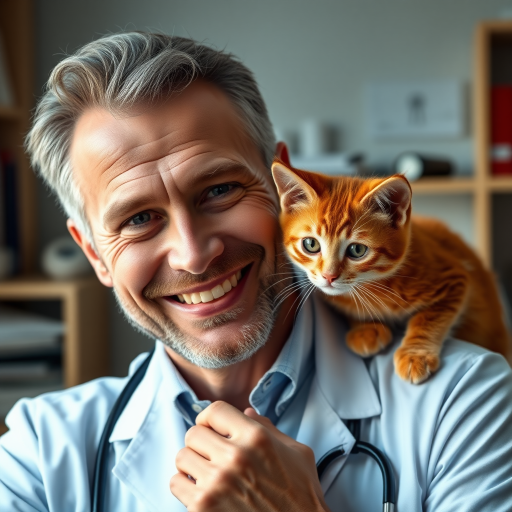 a 57yo handsome swiss doctor, very reliable look,on his studio,nice smile,really professional look,extremely photorealistic image, no rings. there is a red kitten on the doctor's shoulder,8k,extremely realistic,insanely photorealistic image,the theeth are stunningly clean,the cat also is extremely photorealistic