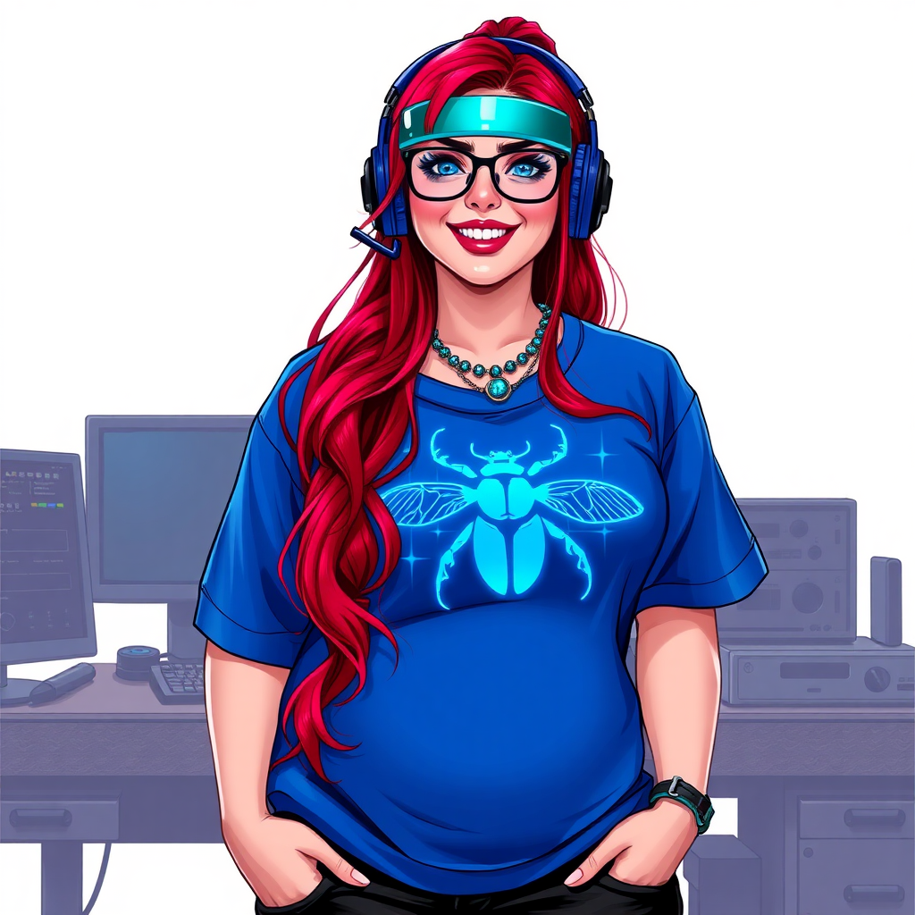 A cyberpunk vigilante’s full-figured intelligent and tech-savvy 29-year-old girlfriend, who is a computer hacker and tech genius. She has a long ruby red ponytail and bright blue eyes. She wears a sapphire beetle gemstone necklace, and an oversized maximum blue t-shirt featuring a giant neon blue glowing icon of a beetle on its chest. She has a full-figured physique with a prominent, gargantuan, round midsection, reflecting her well-cared-for lifestyle. The midsection is heavily emphasized. She sports a sapphire headset with hi-tech maximum turquoise lensed HUD visor, black eyeglasses, and a beaming smile with a passionate bright red blush. Despite her figure and a lack of self-esteem, she radiates an air of beauty. She has a slim face which contributes to her radiant beauty. She serves as his tech expert from his hideout, dutifully working at her workshop computer desk and tool bench. The background is solid white. She is drawn as if she was in a retro 2D cyberpunk fighting game. Make sure her shirt covers her round midsection.