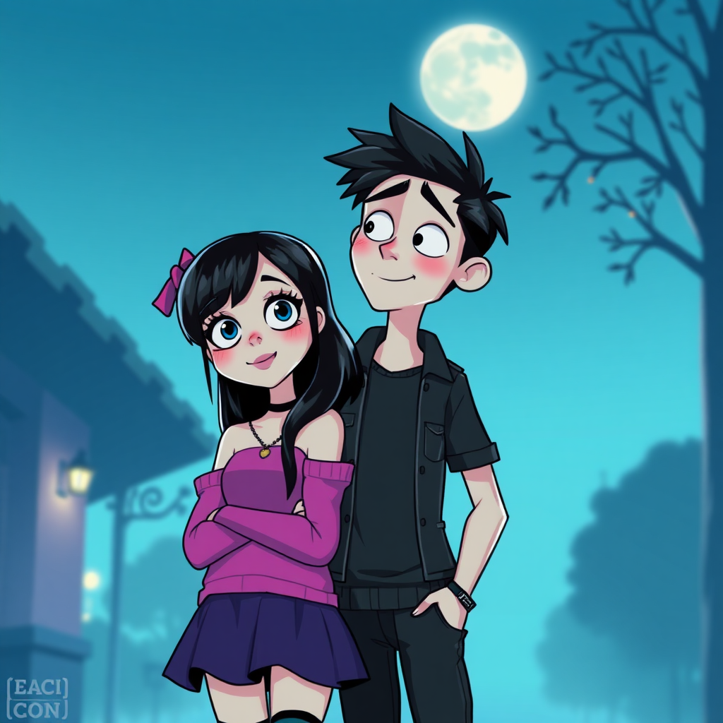 A goth girl and her boyfriend, in the style of Pixar.