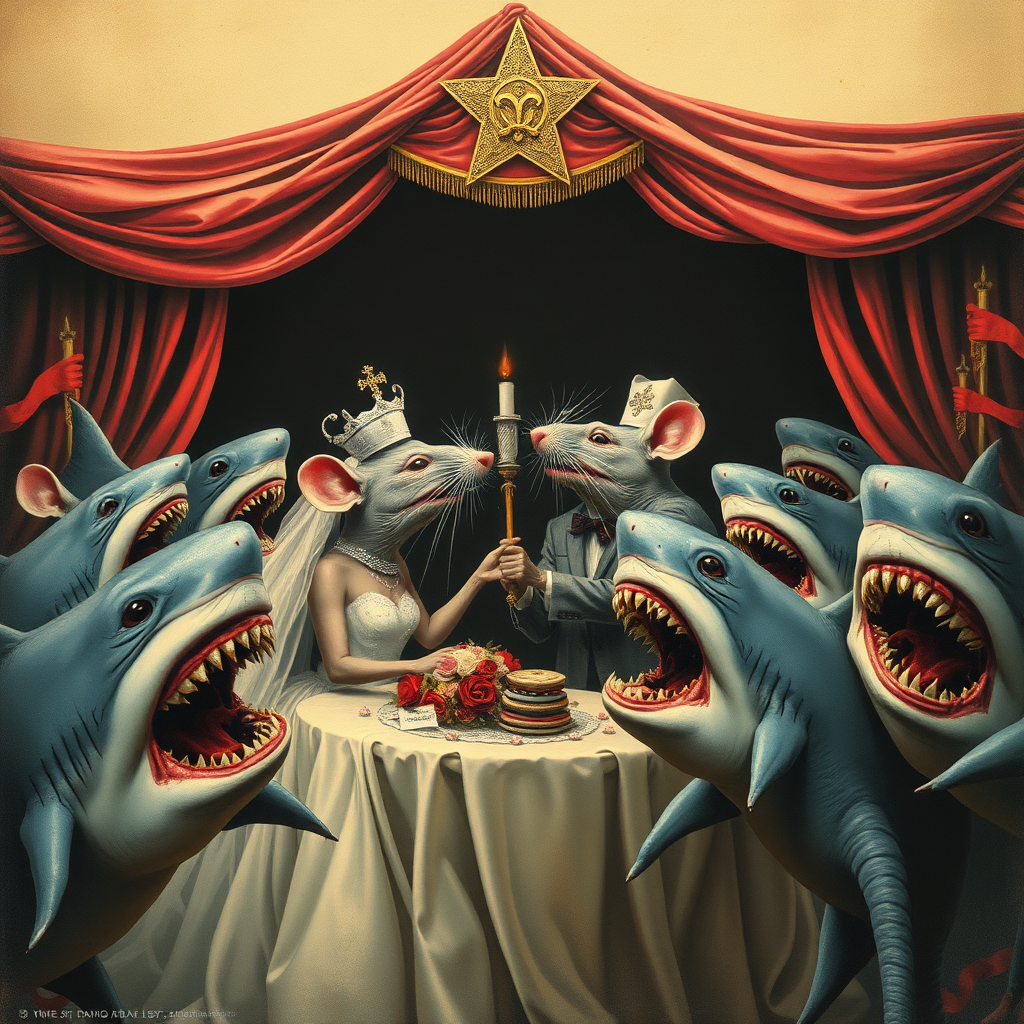 A rat wedding being attacked by sharks, Catholic, Soviet propaganda poster, steam punk, no text, Lovecraftian, in the circus