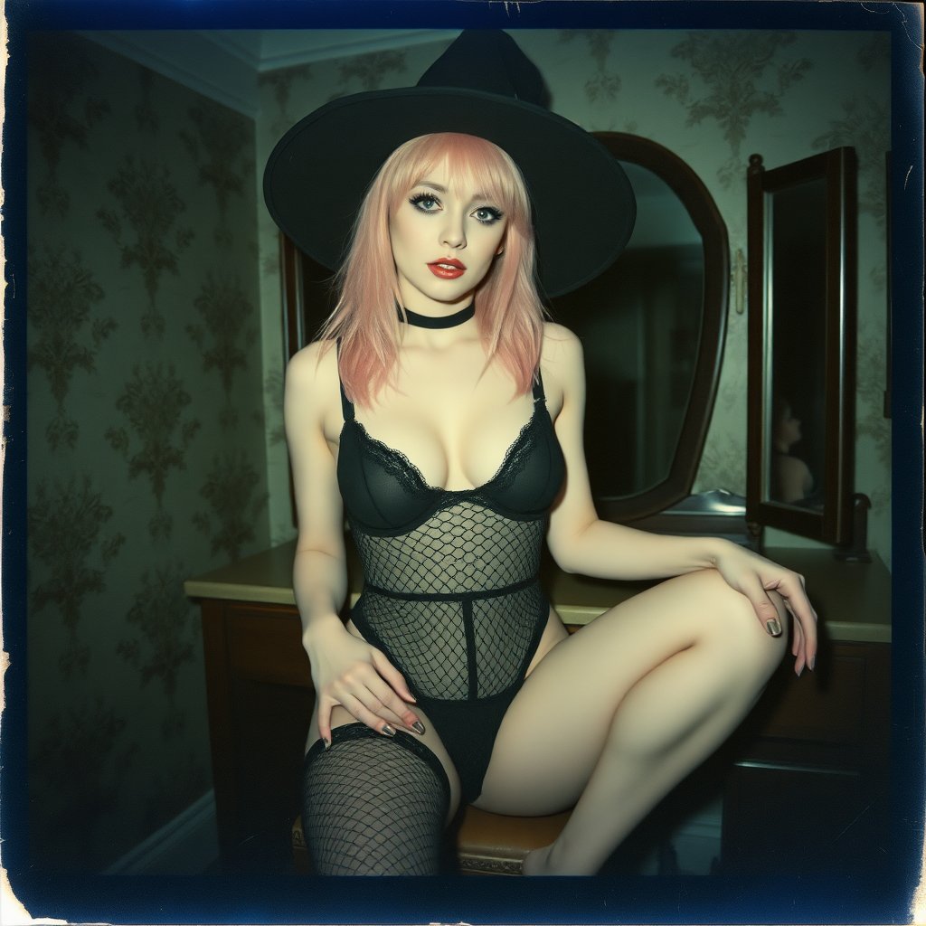 can of an old polaroid photo with heavy dark vignetting and a blue color tint to the photograph and visible light leaks. The photo depicts a sexy alt goth girl with pale skin and pink hair. She has large breasts with ample cleavage and is wearing a black fishnet bodysuit. She is wearing a witch hat. The image looks hazy and grungy. She is in an old house with wallpaper on the walls. Dark lighting with camera flash used. Candid. She is wearing a black lace micro thong. She is sitting on a built-in vanity with a mirror with her knees spread apart.